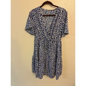 Blue White Floral Surplice V-Neck Tiered Mini Dress Short Flutter Sleeve 0XL